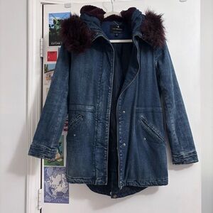 Lucky Brand denim coat with deep purple faux fur lined hood